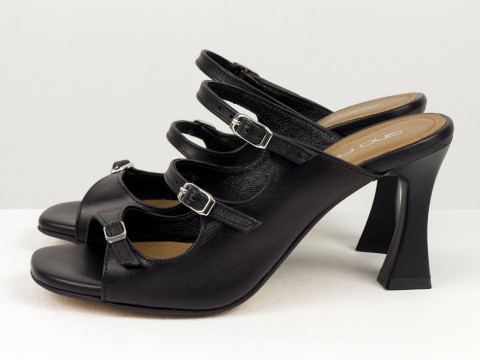 Дизайнерские черные шлёпанцы на каблуке из натуральной итальянской кожи, С-2424-01